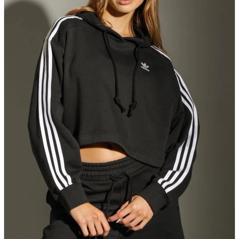 Adidas Cropped Hoodie Sweatshirt Womens XL Black‎ White Pullover Activewear
